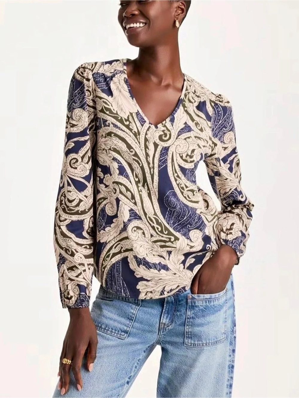 Chico's Top with Paisley Print Paisley Long Sleeve Blouse in Blue & Cream Size 0